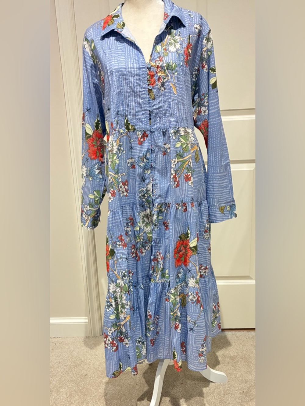 Johnny Was Cotton Floral Blue Long Sleeve Dress - Picture 2 of 7